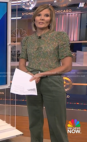 Kate Snow’s green paisley print top and jeans on NBC News Daily