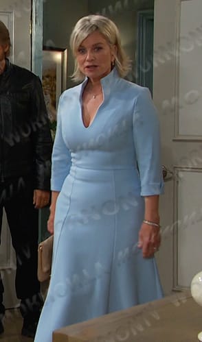 Kayla's blue stand collar dress on Days of our Lives