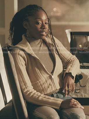 Keisha's beige ribbed cardigan on The Chi