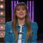 Kelly’s blue tweed jacket and shorts on The Kelly Clarkson Show