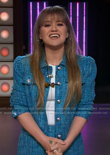 Kelly's blue tweed jacket and shorts on The Kelly Clarkson Show