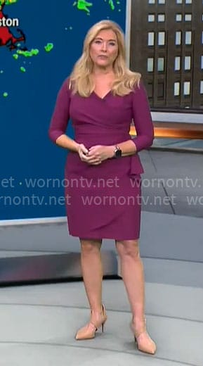 Kelly Cass’ purple faux wrap dress on CBS Mornings