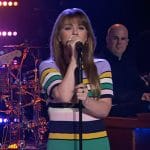 Kelly’s stripe ribbed flare dress on The Kelly Clarkson Show