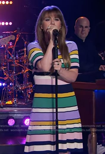 Kelly's stripe ribbed flare dress on The Kelly Clarkson Show