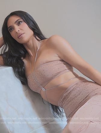 Kim's beige embellished tube top and skirt on The Kardashians