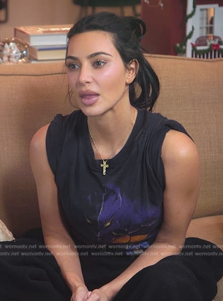 Kim’s black Evangelion graphic tee on The Kardashians