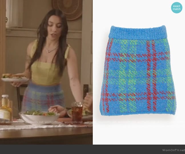 Kitri Susan Boucle Mini Skirt in Blue Check worn by Jamie (Miya Horcher) on All American