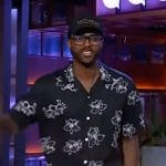 Kwame Onwuachi’s black floral print shirt on The Kelly Clarkson Show