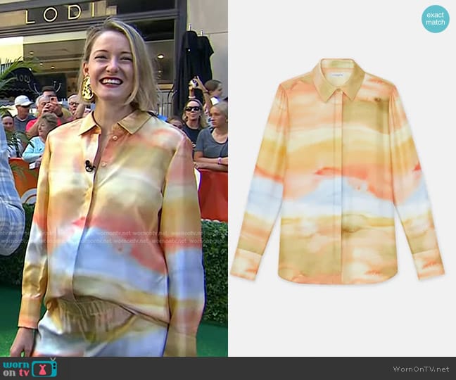 Lafayette 148 NY Scottie Silk Button-Up Shirt in Straw Multi worn by Vanessa Price on Today