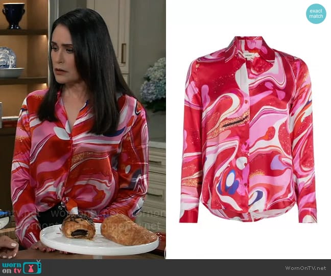 L'Agence Tyler Swirl Silk Blouse in Pink Multi Tie Dye Swirl worn by Lois Cerullo (Rena Sofer) on General Hospital