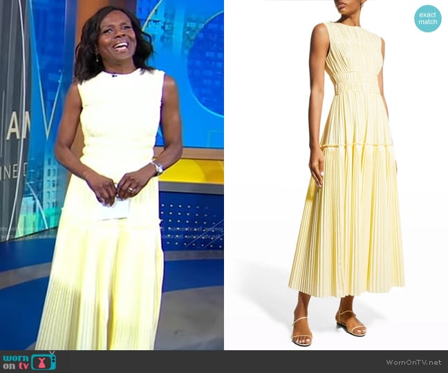 Lela Rose Cotton Poplin Pleated Midi Dress worn by Deborah Roberts on Good Morning America