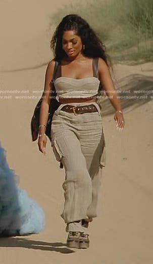 Lesa’s beige cropped top and belted cargo pants on The Real Housewives of Dubai