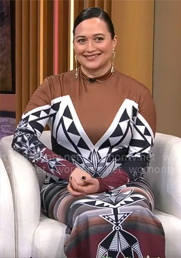 Lily Gladstone's printed long sleeve dress on CBS Mornings