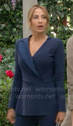 Lily's navy peplum wrap jumpsuit on The Young and the Restless