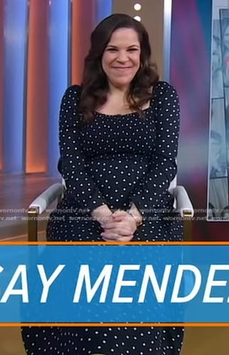 Lindsay Mendez's navy polka dot smocked dress on Good Morning America