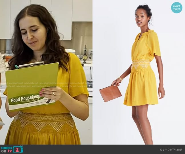 Madewell Smocked Mini Dress in Golden Ochre worn by Emma Seymour on Today