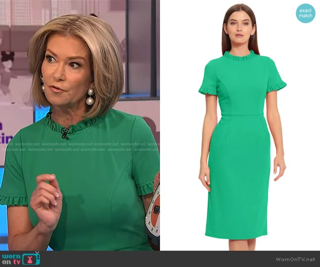 Maggy London Taren Ruffle Sleeve Sheath Dress in Bright Jade worn by Amy McCready on NBC News Daily