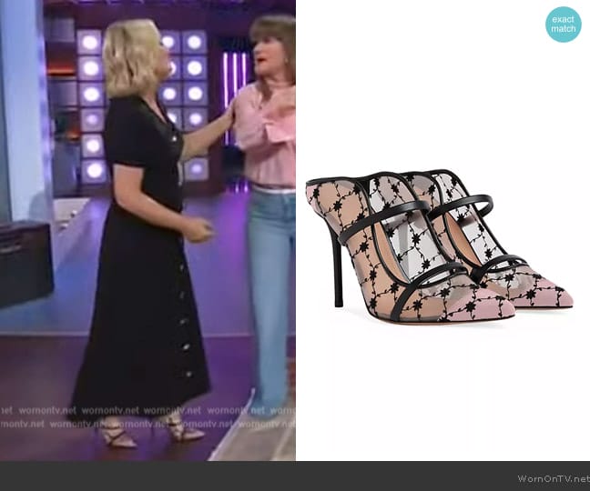 Malone Souliers Maureen leather-trimmed mesh mules worn by Amy Poehler on The Kelly Clarkson Show