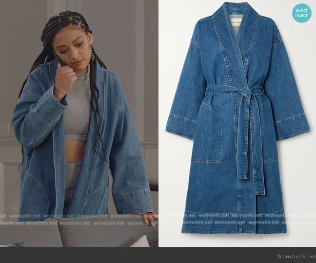 Mara Hoffman Adrian belted organic denim coat worn by Olivia Baker (Samantha Logan) on All American