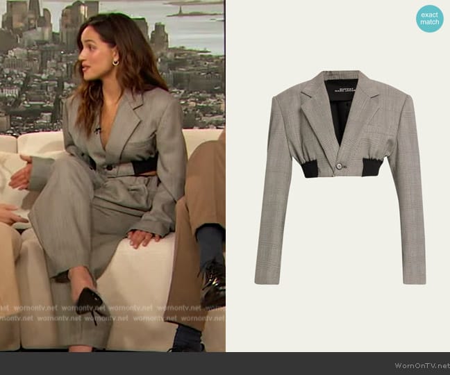 Marc Jacobs Prince Of Wales Wool Cropped Blazer Jacket worn by Adria Arjona on The Drew Barrymore Show