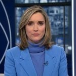 Margaret’s blue double breasted blazer and pant suit on CBS Evening News