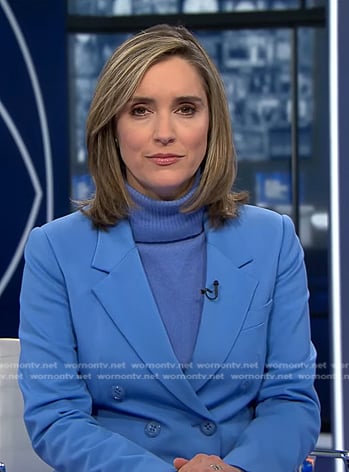 Margaret's blue double breasted blazer and pant suit on CBS Evening News