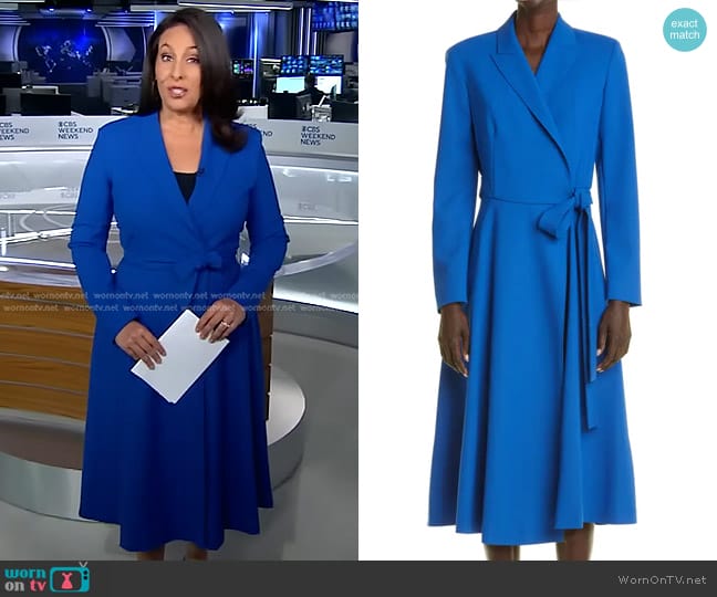 Max Mara Afelio Belted Long Sleeve Wool Coat Dress worn by Nancy Cordes on CBS Evening News