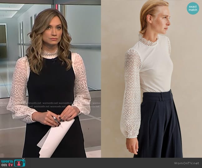 Me + Em Statement Lace Sleeve Layering Blouse in Soft White worn by Ellison Barber on NBC News Daily