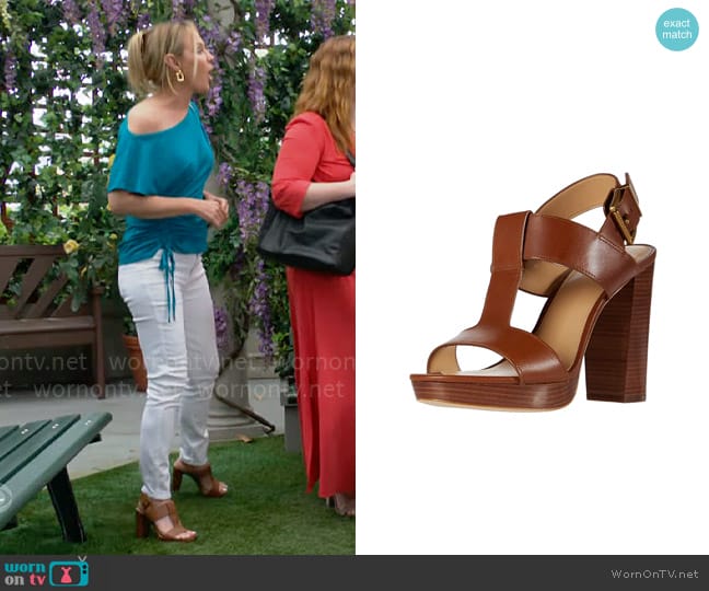 MICHAEL Michael Kors Becker T-strap Sandals in Luggange worn by Sharon Newman (Sharon Case) on The Young and the Restless