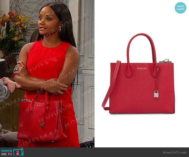 Michael Kors Mercer Large Pebbled Leather Accordion Tote Bag in Bright Red worn by Chanel Dupree (Raven Bowens) on Days of our Lives