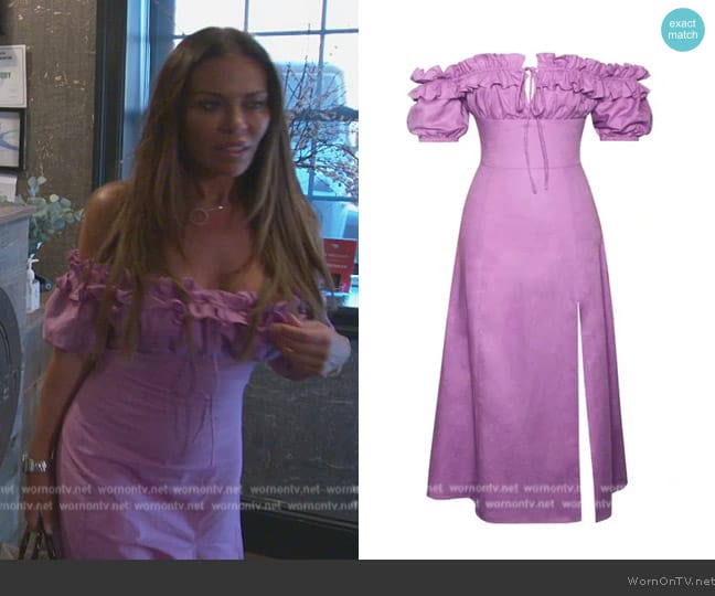 Miss Circle NY Quinley Lilac Off The Shoulder Linen Midi Dress worn by Dolores Catania on The Real Housewives of New Jersey