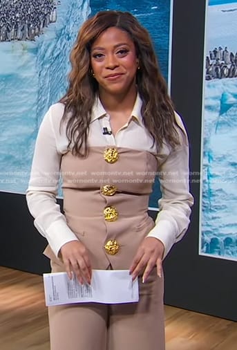 Morgan's beige jumpsuit with gold buttons on Good Morning America