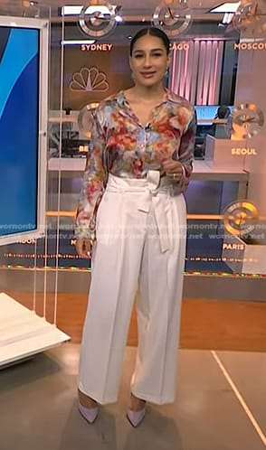 Morgan’s floral blouse and white wide-leg pants on NBC News Daily