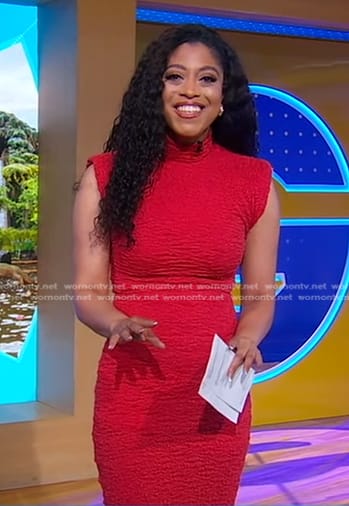 Morgan's red textured mock neck dress on Good Morning America