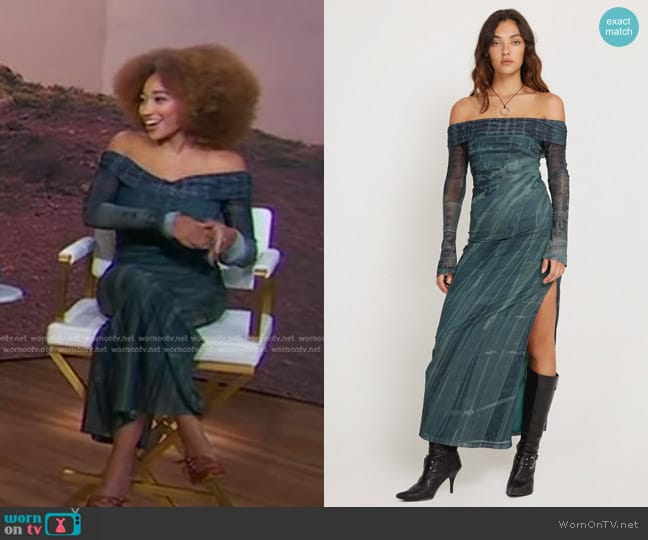 Motel Terra Bardot Midi Dress in Cityscape Green worn by Amandla Stenberg on Good Morning America