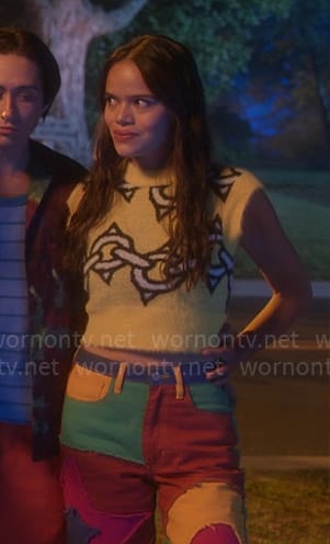 Mouse's yellow chain top and patchwork pants on Pretty Little Liars Original Sin