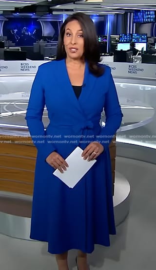 Nancy Cordes's blue wrap dress on CBS Evening News