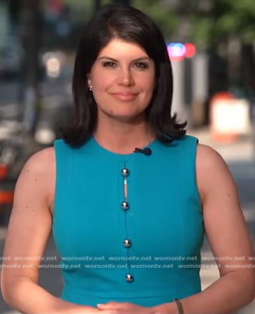 Natalie Brand’s turquoise button front dress on CBS Evening News