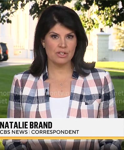 Natalie Brand's pink and blue checked blazer on CBS Mornings