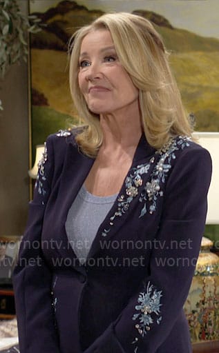 Nikki’s navy embellished blazer on The Young and the Restless