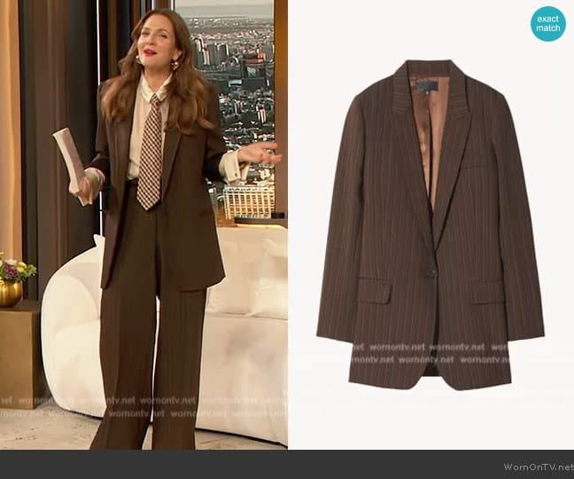 Nili Lotan Diane Blazer In Brown Stripe worn by Drew Barrymore on The Drew Barrymore Show