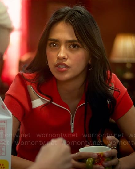 Noa's red zip polo top on Pretty Little Liars Original Sin