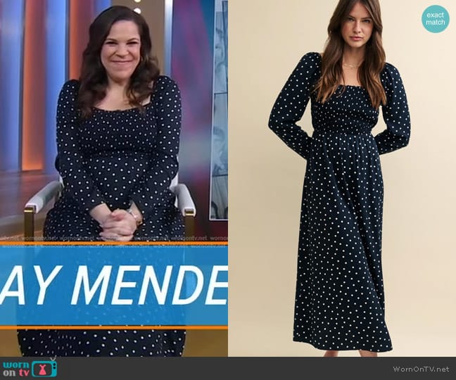 Nobody's Child Spot Print Shirred Bodice Liberty Midi Dress worn by Lindsay Mendez on Good Morning America