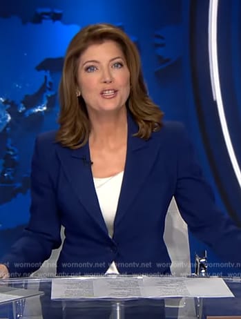 Norah’s navy peak lapel blazer on CBS Evening News