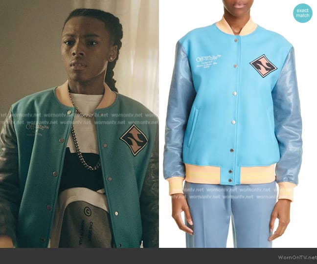 Off-White Gender Inclusive Strass Wool Blend Varsity Jacket worn by Jake (Michael Epps) on The Chi