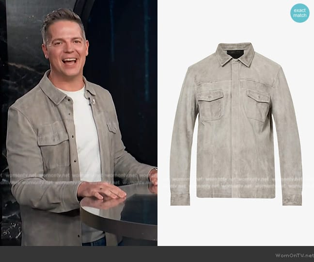 Paige Darrin relaxed-fit leather overshirt worn by Jason Kennedy on E! News