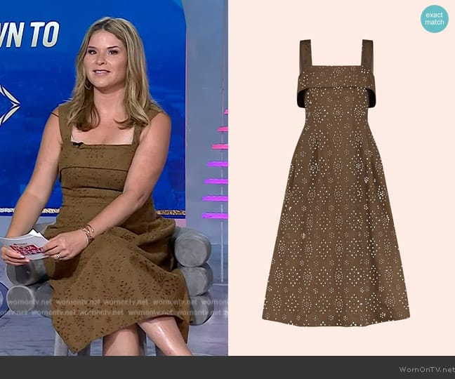 Pearl by Lela Rose Cotton Eyelet Midi Dress in Camel worn by Jenna Bush Hager on Today