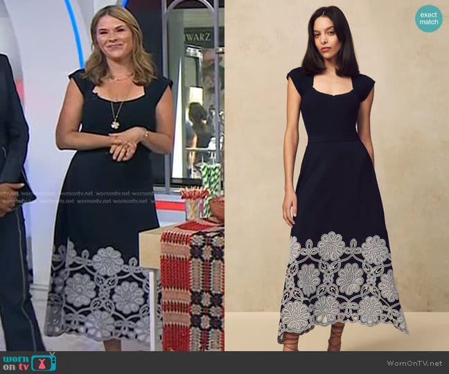 Pearl by Lela Rose Scallop Trim Knit and Embroidered Fluid Crepe Full Skirt worn by Jenna Bush Hager on Today