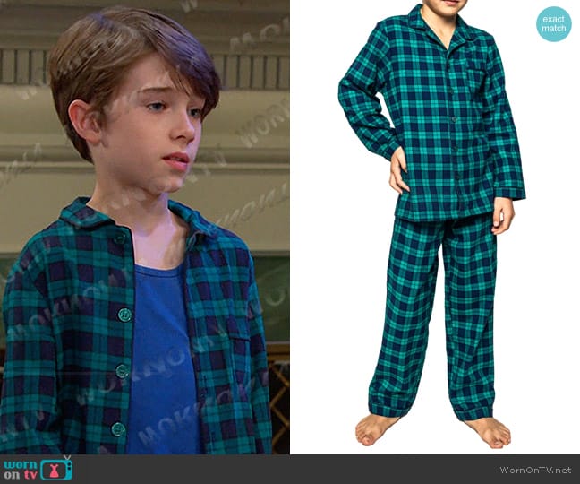 Petite Plume Kids' Highland Tartan Two-Piece Pajamas worn by Thomas DiMera (Cary Christopher) on Days of our Lives