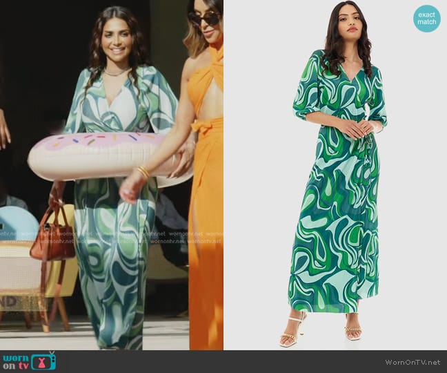 R&B Printed Wrap Dress with V Neck and 3/4 Sleeves worn by Sara Al Madani (Sara Al Madani) on The Real Housewives of Dubai